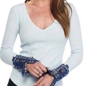 We The Free Art School Light Blue V-Neck Top with Navy Button Cuffs. Small.